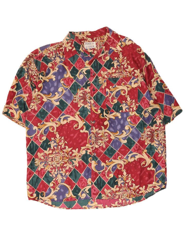 Vintage Mens Short Sleeve Shirt XL Multicoloured Geometric Silk