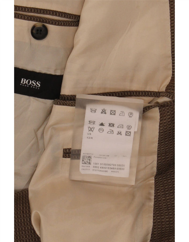 Hugo Boss Mens 2 Button Blazer Jacket US 42 XL Brown Check Virgin Wool
