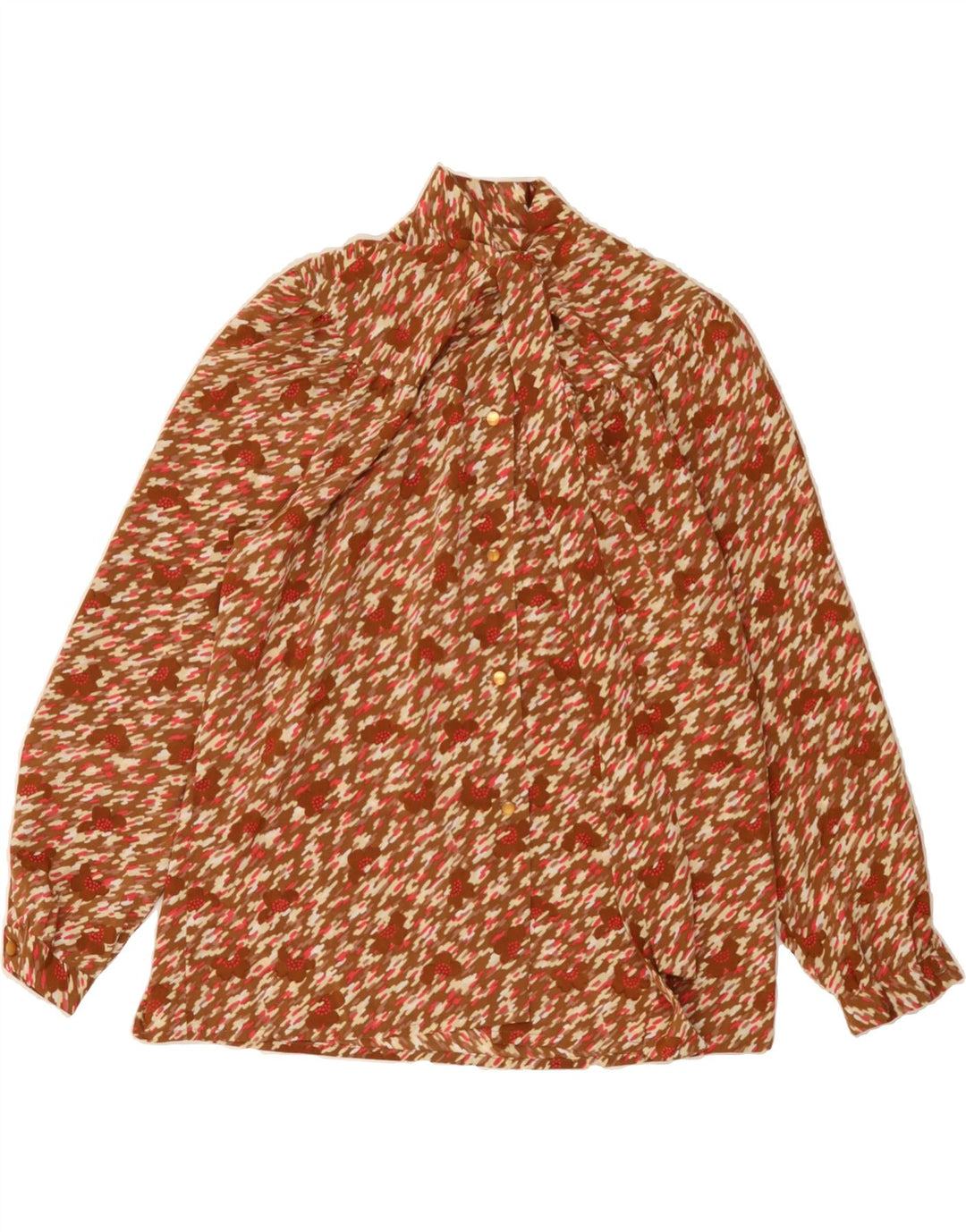 VINTAGE Womens Abstract Pattern Front Tie Shirt Blouse UK 14 Large Brown Vintage Vintage and Second-Hand Vintage from Messina Hembry 