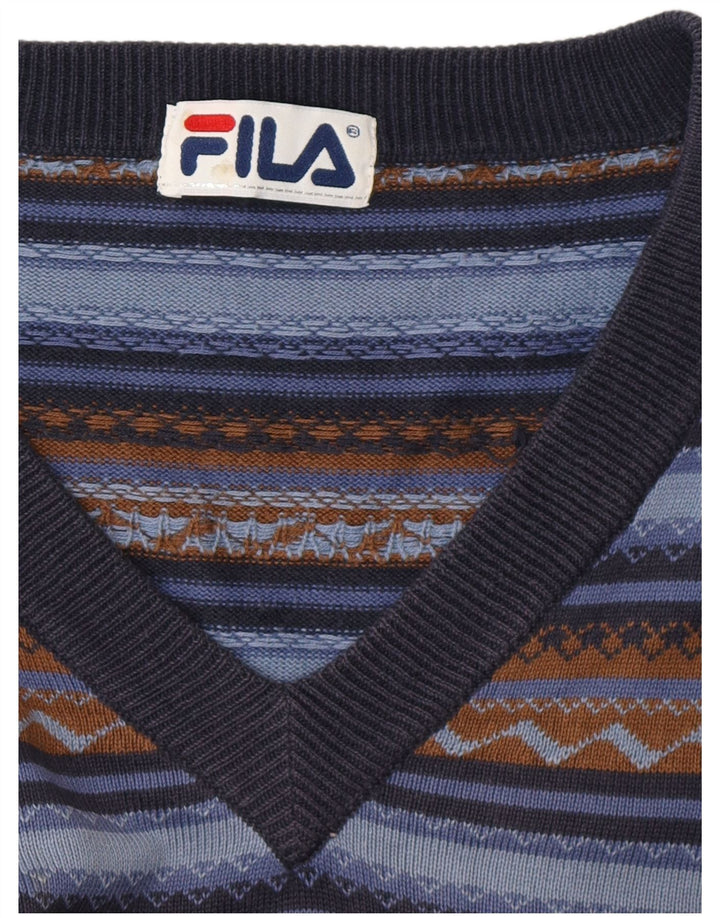 Fila Mens V-Neck Jumper Sweater Medium Blue Striped