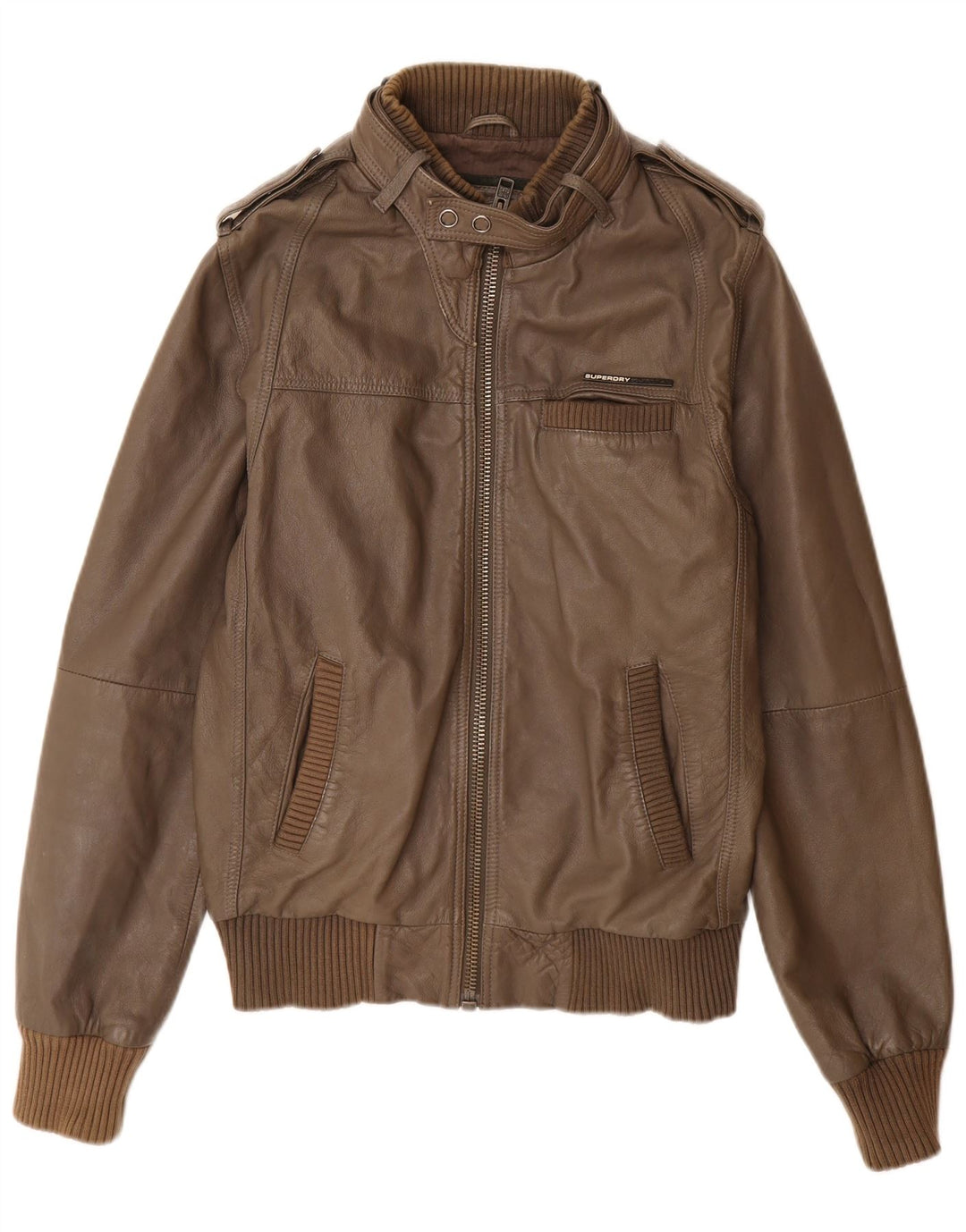 Superdry Womens Military Leather Jacket UK 16 Large Brown Leather