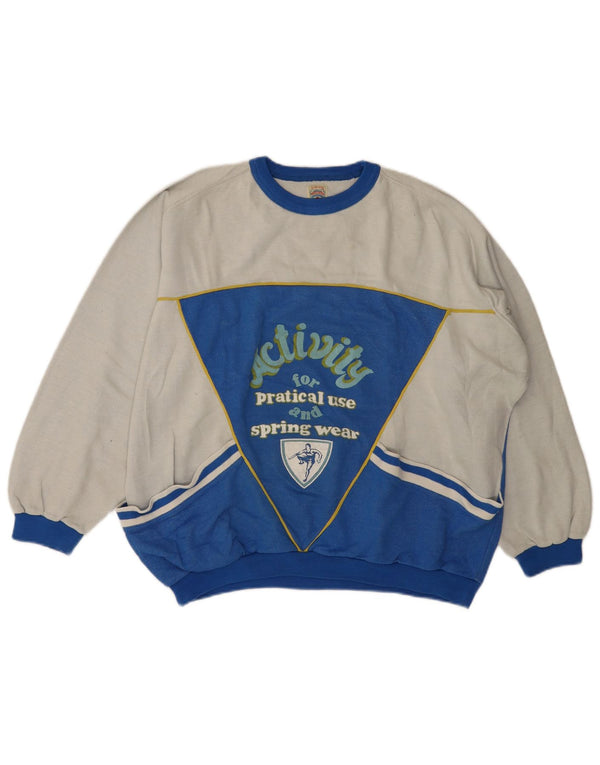 Vintage Mens Graphic Sweatshirt Jumper Large Blue Colourblock Cotton