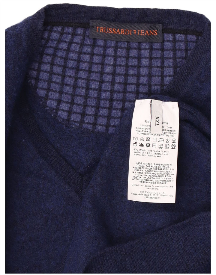 TRUSSARDI Mens V-Neck Jumper Sweater 2XL Navy Blue Wool