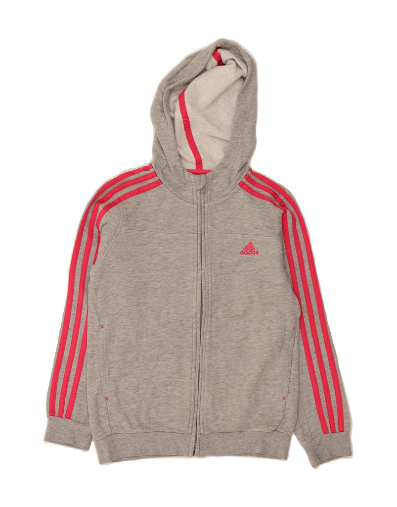 ADIDAS Girls Graphic Zip Hoodie Sweater 9-10 Years Grey Cotton Vintage Adidas and Second-Hand Adidas from Messina Hembry 