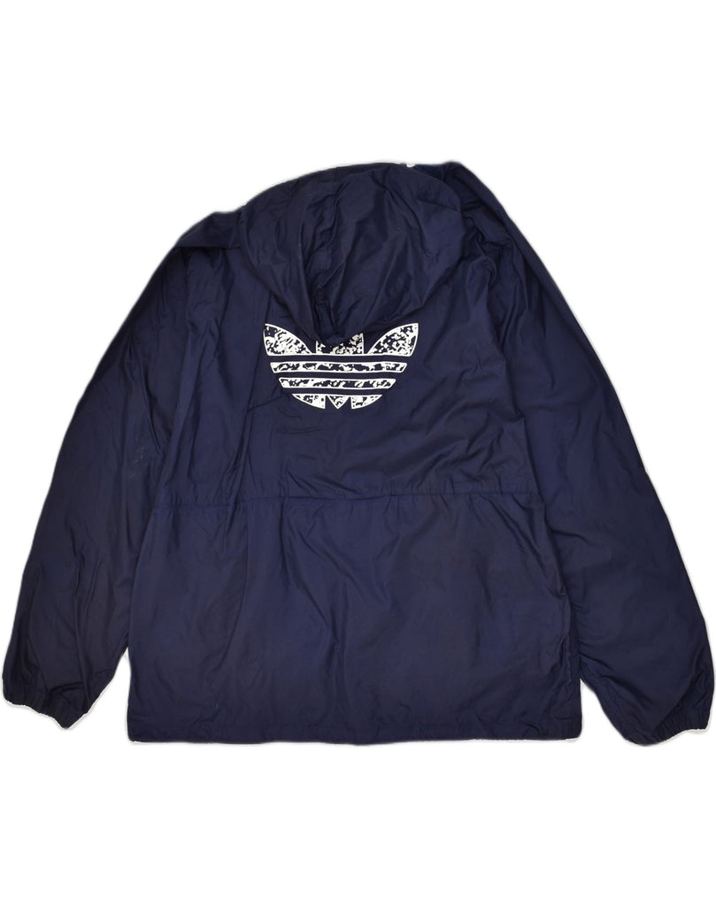 ADIDAS Mens Graphic Hooded Rain Jacket UK 38 Medium Navy Blue Polyamide | Vintage Adidas | Thrift | Second-Hand Adidas | Used Clothing | Messina Hembry 