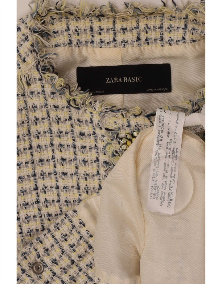 Zara Womens Crop 3/4 Sleeve Blazer Jacket UK 12 Medium White Flecked