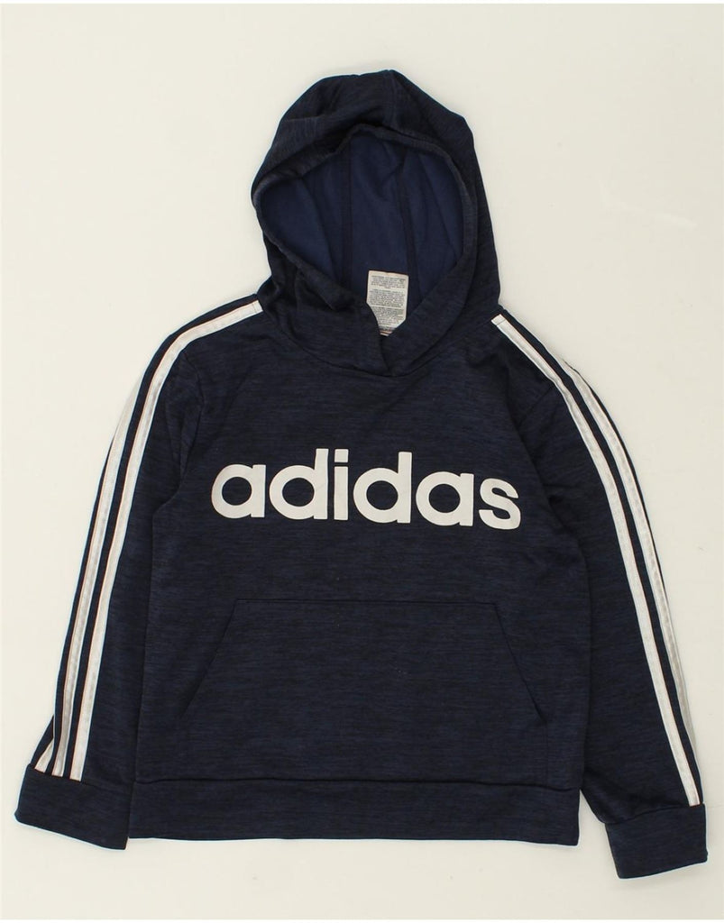 ADIDAS Boys Graphic Hoodie Jumper 8-9 Years Small Navy Blue Flecked Cotton | Vintage Adidas | Thrift | Second-Hand Adidas | Used Clothing | Messina Hembry 