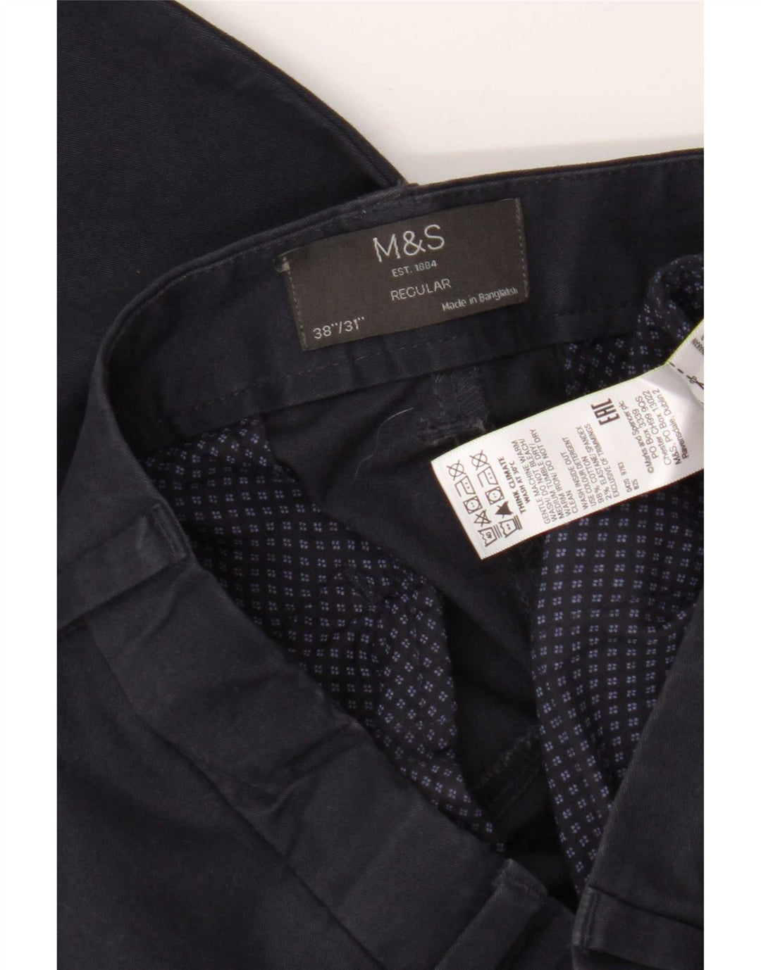Marks & Spencer Mens Regular Chino Trousers W38 L31 Navy Blue Cotton