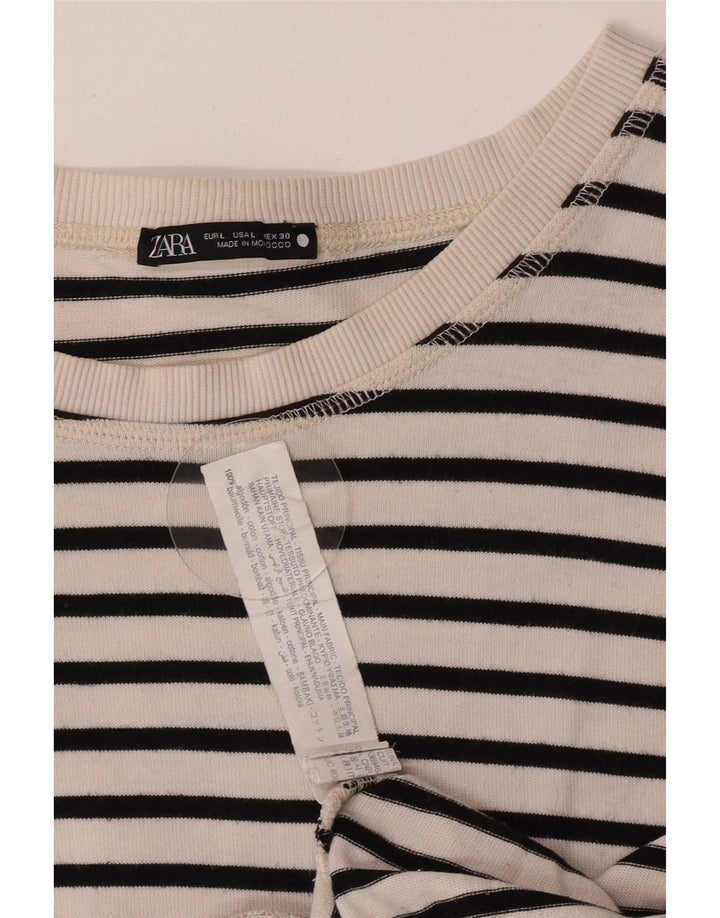 Zara Womens Top Long Sleeve UK 14 Large White Striped Cotton
