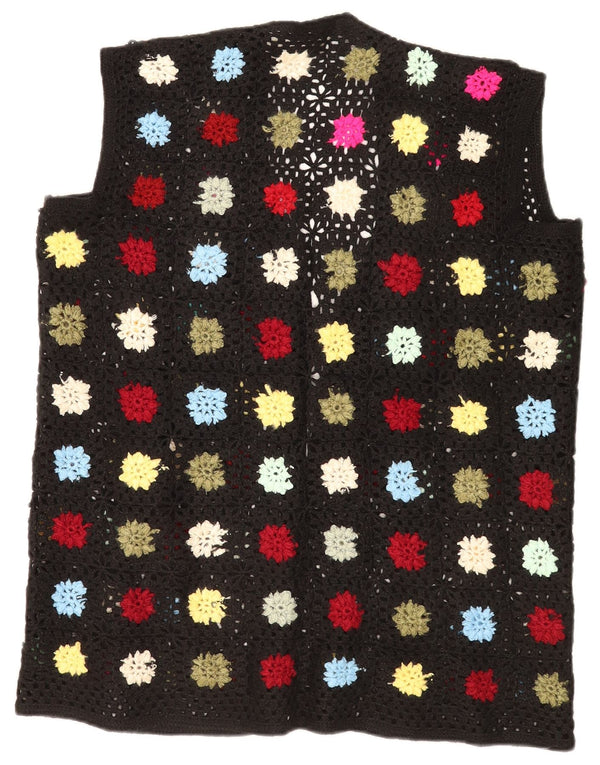 Vintage Womens Sleeveless Crochet Cardigan Sweater UK 16 Large Black Floral
