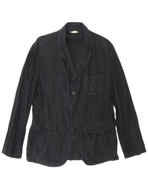Zara Mens 3 Button Blazer Jacket UK 40 Large Navy Blue Linen