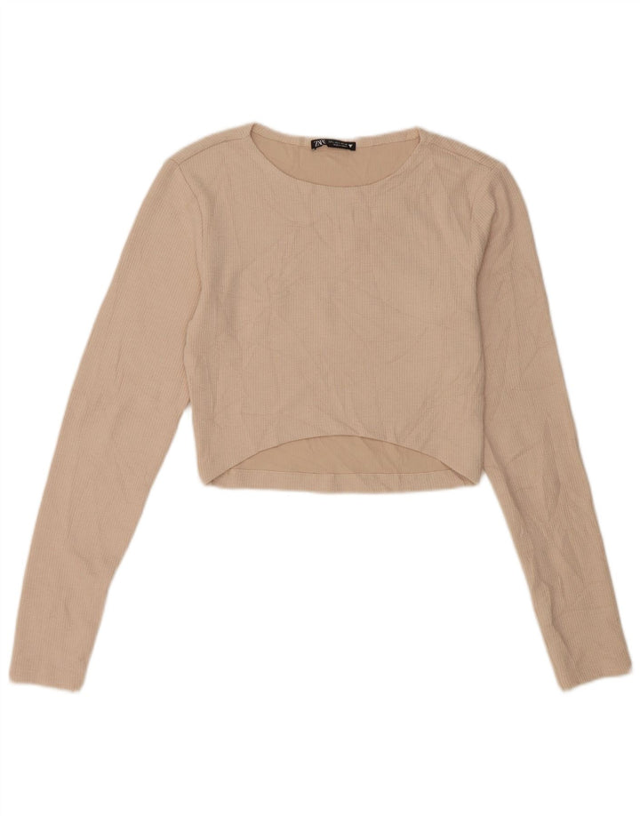 Zara Womens Crop Top Long Sleeve UK 14 Large Beige Polyester