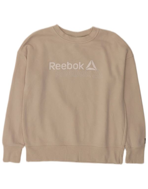 Reebok Womens Graphic Oversized Sweatshirt Jumper UK 6 XS Beige Cotton