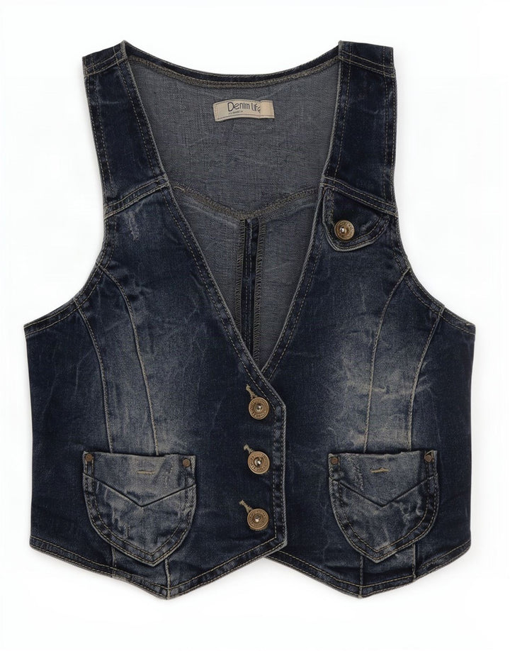 Pimkie Womens Denim Waistcoat UK 8 Small Blue