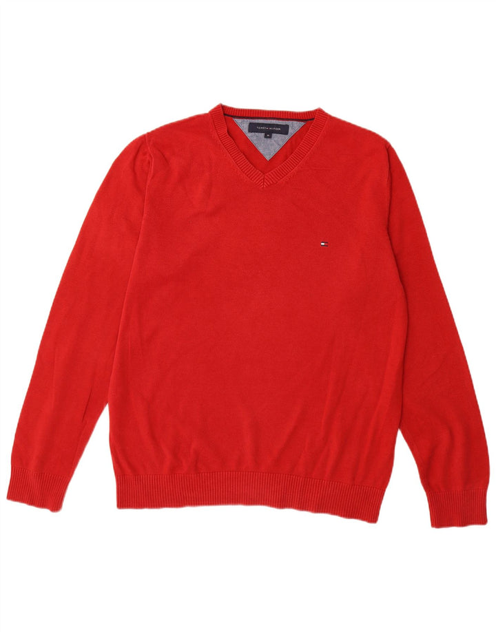 TOMMY HILFIGER Mens V-Neck Jumper Sweater Medium Red Cotton
