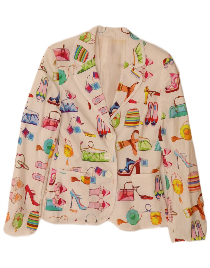 Vintage Womens Abstract Pattern Blazer Jacket UK 12 Medium  White Cotton
