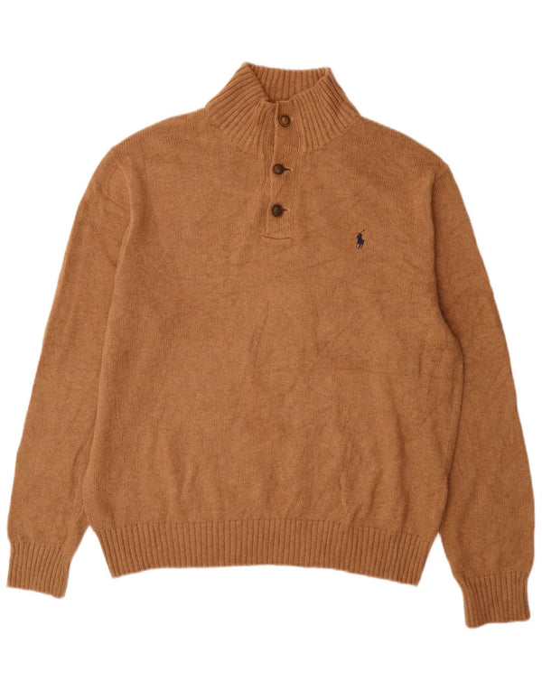 Polo Ralph Lauren Mens Button Neck Jumper Sweater Large Beige Cotton