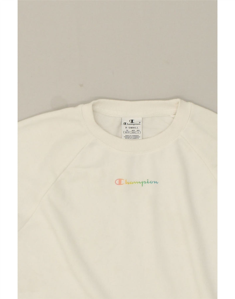 CHAMPION Womens Crop Graphic Sweatshirt Jumper UK 6 XS White Cotton | Vintage Champion | Thrift | Second-Hand Champion | Used Clothing | Messina Hembry 