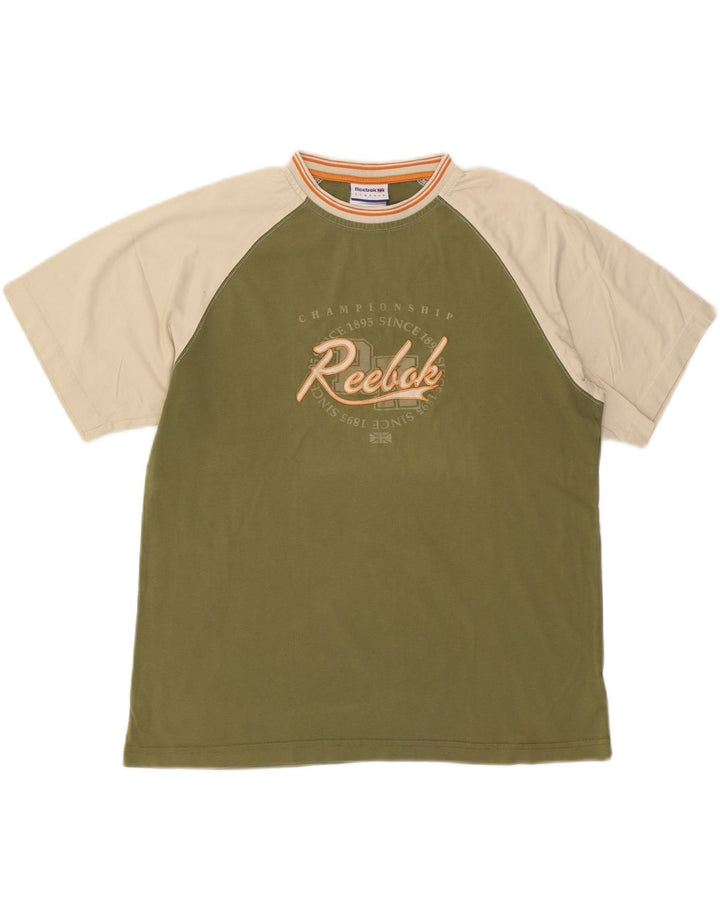REEBOK Mens Classic Graphic T-Shirt Top Large Green Colourblock Cotton