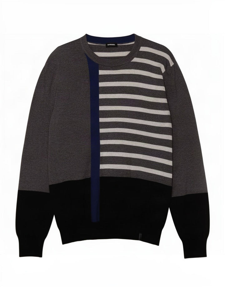 Diesel Mens Boat Neck Jumper Sweater Small Grey Colourblock Cotton