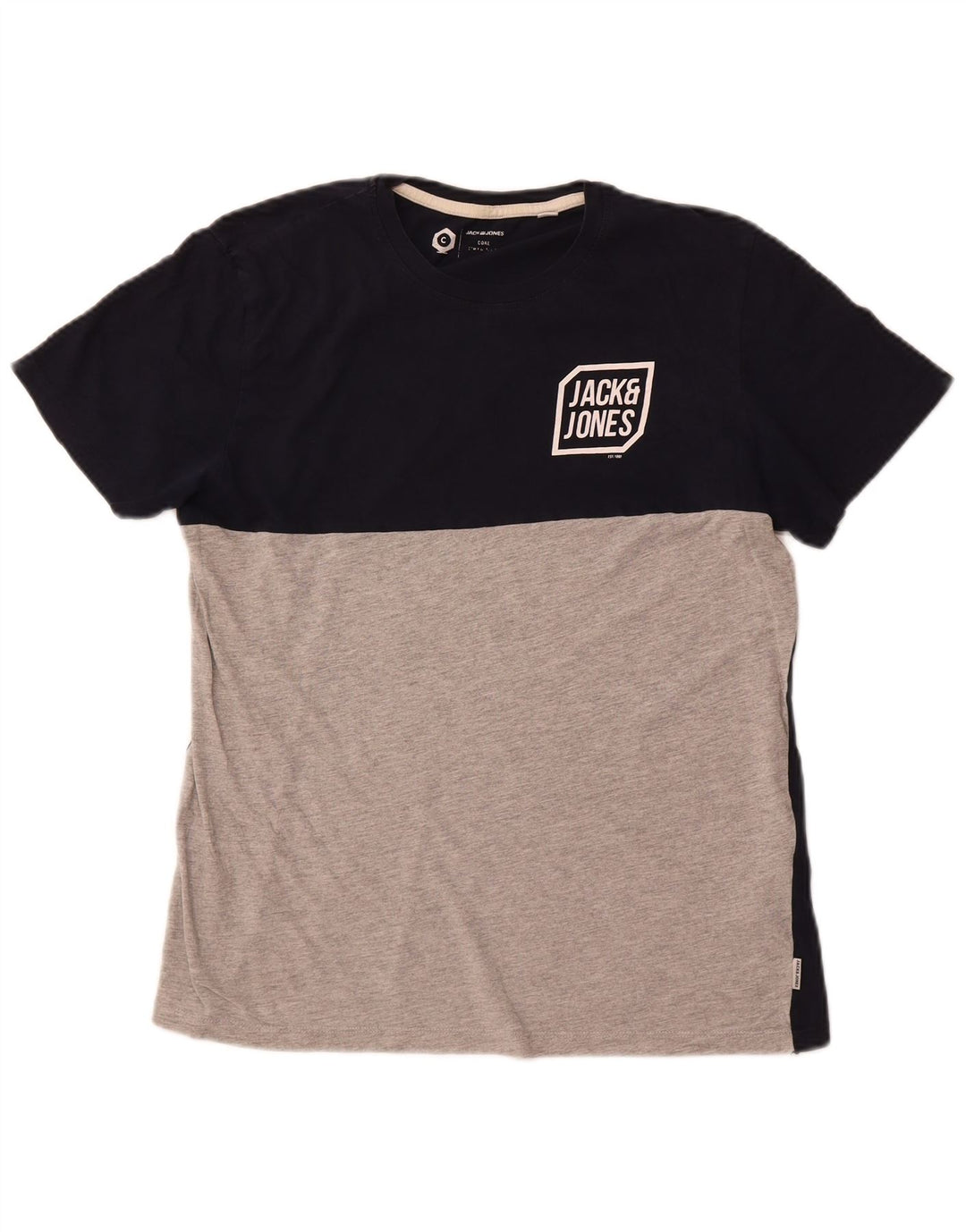 JACK & JONES Mens T-Shirt Top Medium Navy Blue Colourblock Cotton