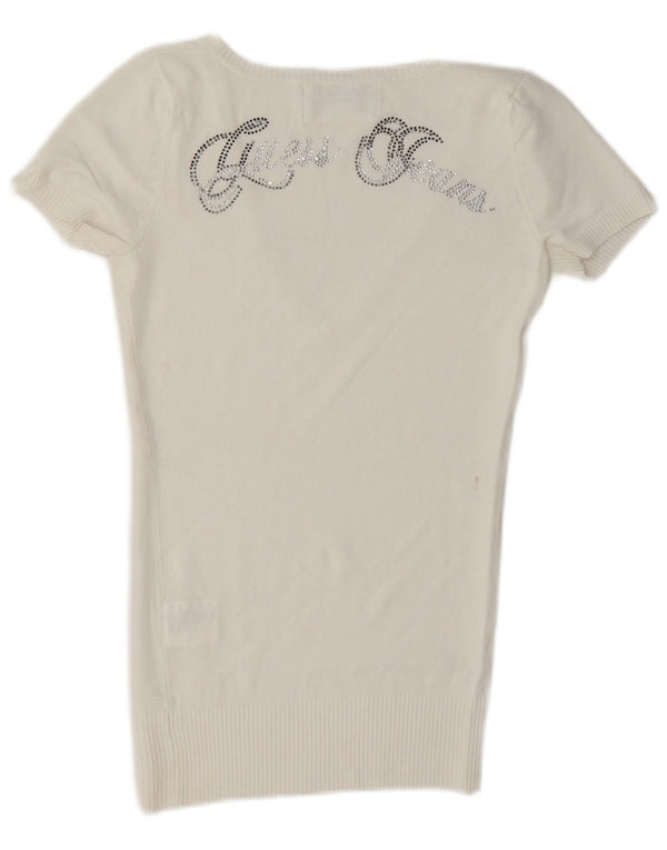 Guess Womens Graphic Short Sleeve V-Neck Jumper Sweater UK 12 Medium White