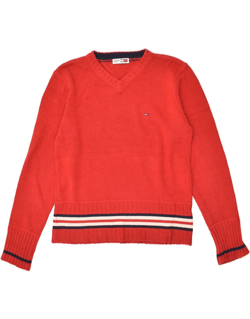 TOMMY HILFIGER Womens V-Neck Jumper Sweater UK 14 Large Red Cotton | Vintage Tommy Hilfiger | Thrift | Second-Hand Tommy Hilfiger | Used Clothing | Messina Hembry 