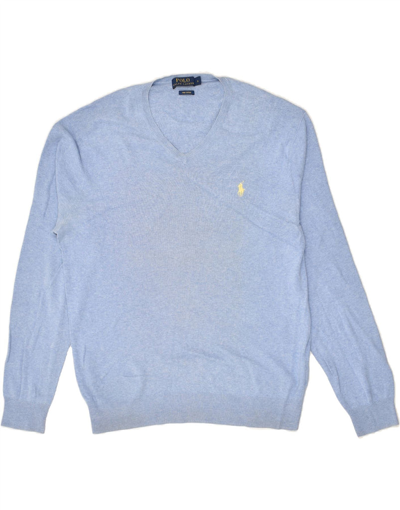 POLO RALPH LAUREN Mens V-Neck Jumper Sweater Small Blue Cotton | Vintage Polo Ralph Lauren | Thrift | Second-Hand Polo Ralph Lauren | Used Clothing | Messina Hembry 