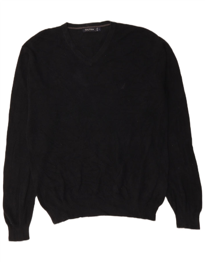 Nautica Mens V-Neck Jumper Sweater Large Black Cotton