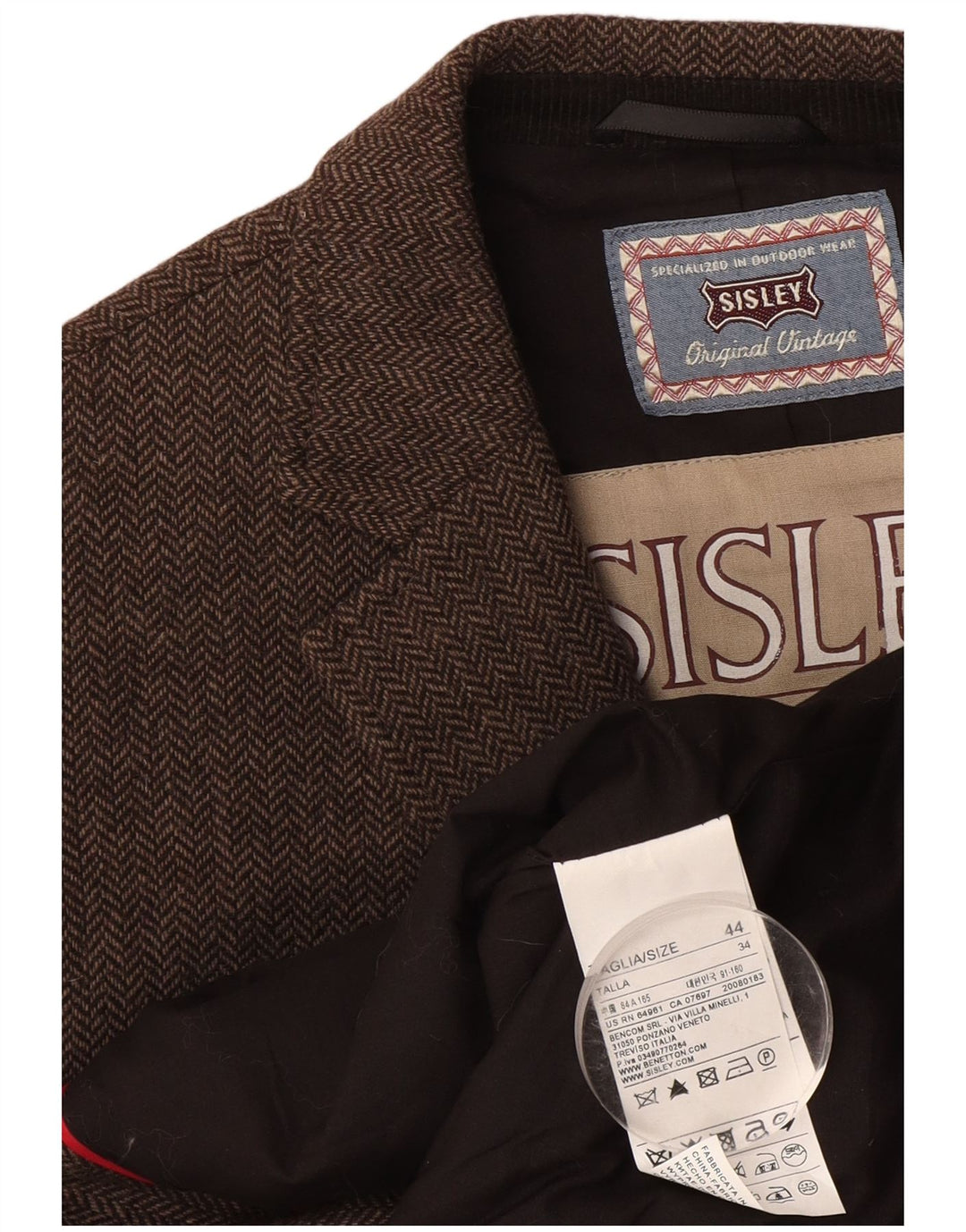 Sisley Mens 3 Button Blazer Jacket IT 44 XS Brown Herringbone Wool