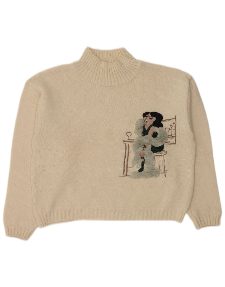 VINTAGE Womens Crop Turtle Neck Jumper Sweater UK 14 Medium Off White
