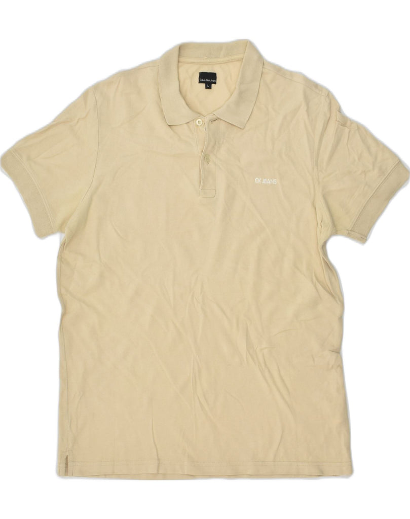 CALVIN KLEIN Mens Polo Shirt Large Beige Cotton | Vintage Calvin Klein | Thrift | Second-Hand Calvin Klein | Used Clothing | Messina Hembry 