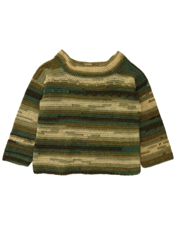 Vintage Womens Crop Boat Neck Jumper Sweater UK 14 Medium Green Striped