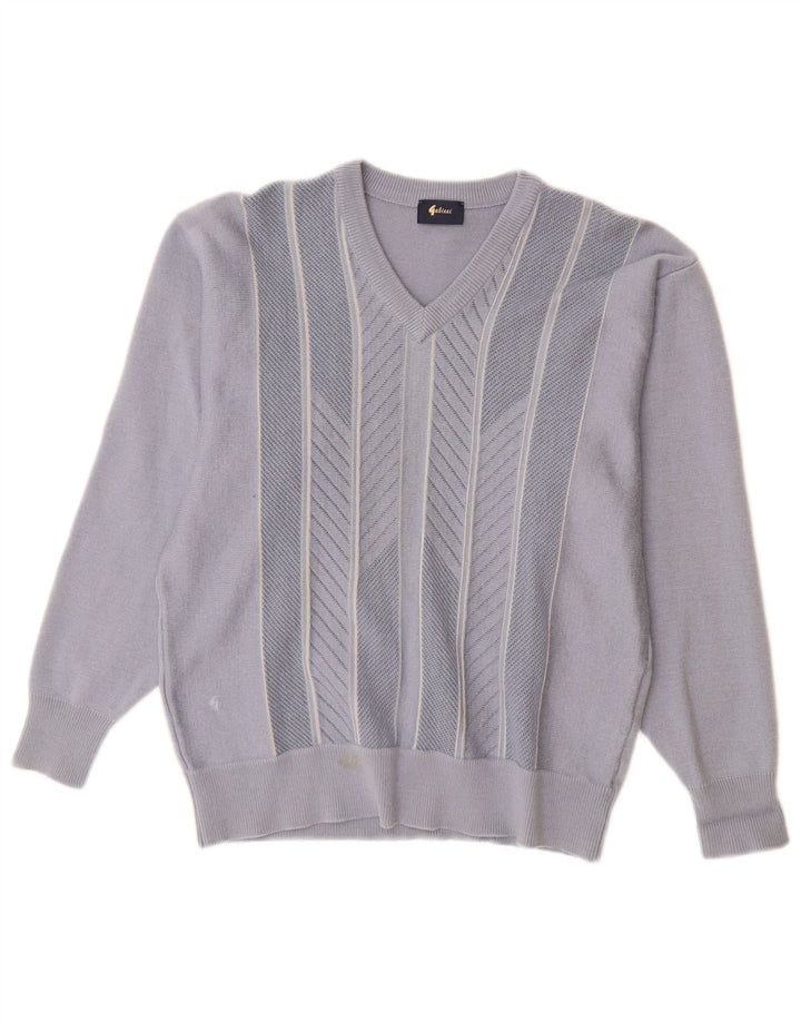 Gabicci Mens V-Neck Jumper Sweater Medium Blue Striped Wool