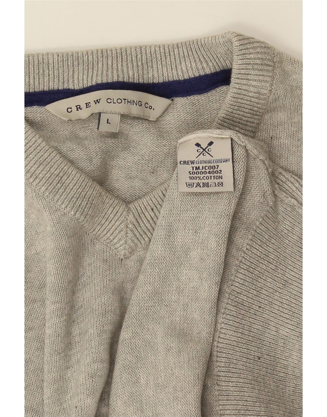 CREW CLOTHING Mens V-Neck Jumper Sweater Large Grey Cotton