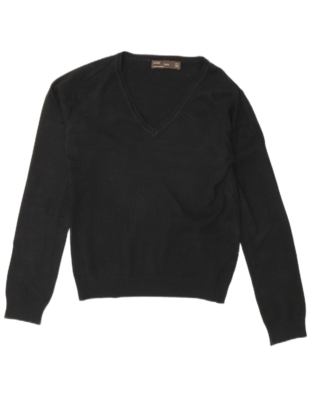 Zara Womens V-Neck Jumper Sweater UK 12 Medium Black Cotton