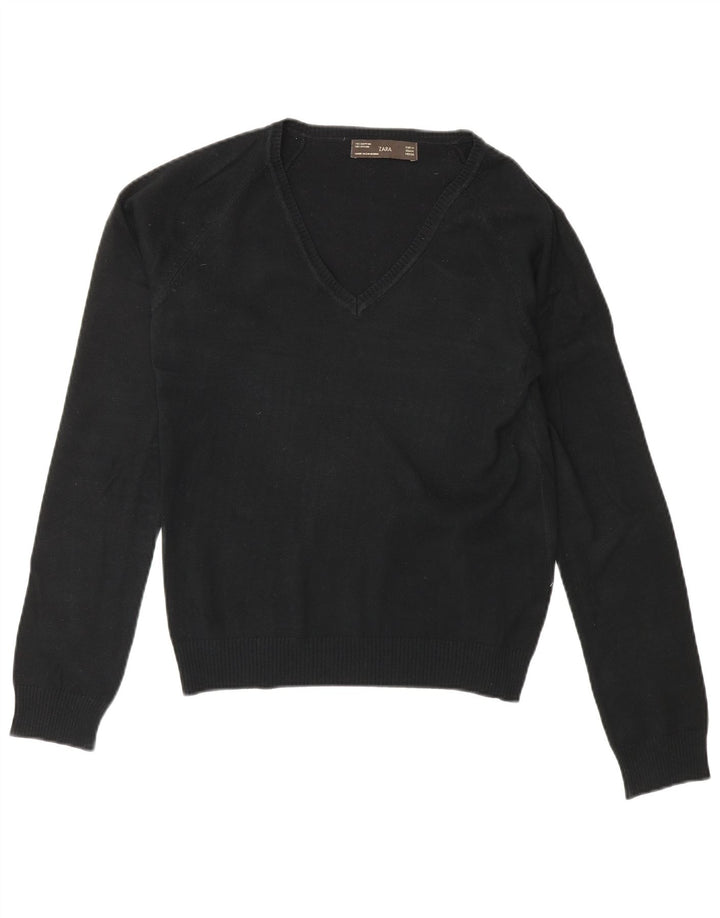 Zara Womens V-Neck Jumper Sweater UK 12 Medium Black Cotton