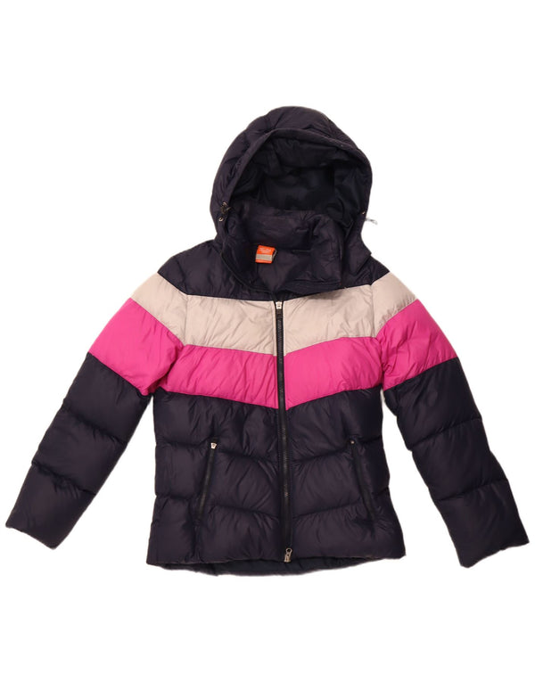 NIKE Womens Hooded Padded Jacket UK 14 Medium Navy Blue Colourblock Nylon