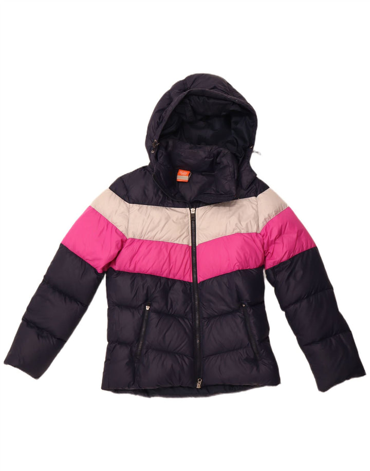 NIKE Womens Hooded Padded Jacket UK 14 Medium Navy Blue Colourblock Nylon