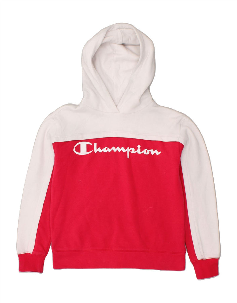 CHAMPION Girls Graphic Hoodie Jumper 11-12 Years Large Pink Colourblock | Vintage Champion | Thrift | Second-Hand Champion | Used Clothing | Messina Hembry 