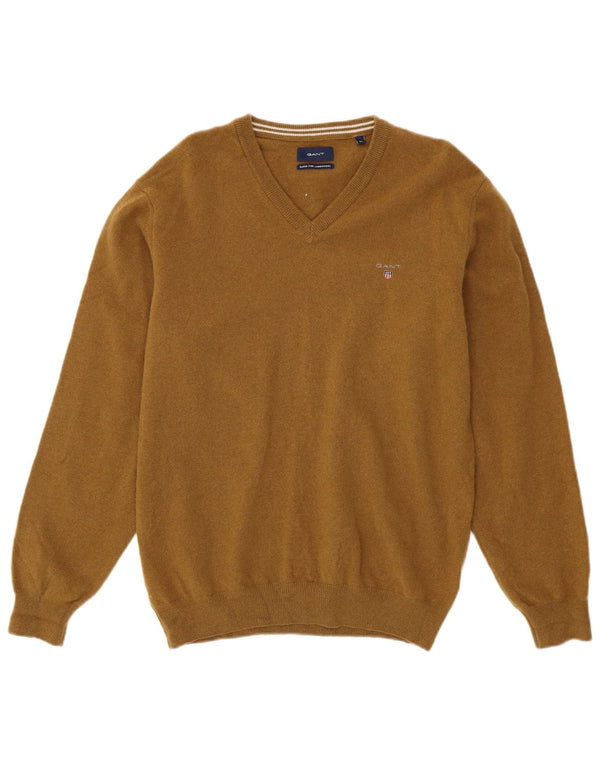 GANT Mens V-Neck Jumper Sweater XL Khaki Lambswool