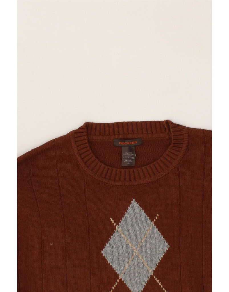 DOCKERS Mens Crew Neck Jumper Sweater XL Brown Argyle/Diamond Cotton Vintage Dockers and Second-Hand Dockers from Messina Hembry 