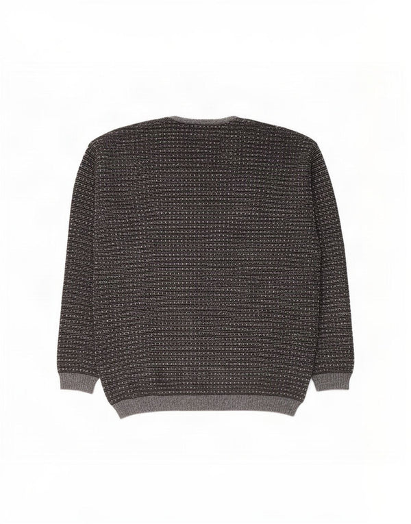 Jockey Mens V-Neck Jumper Sweater IT 52 Large Grey Striped Virgin Wool