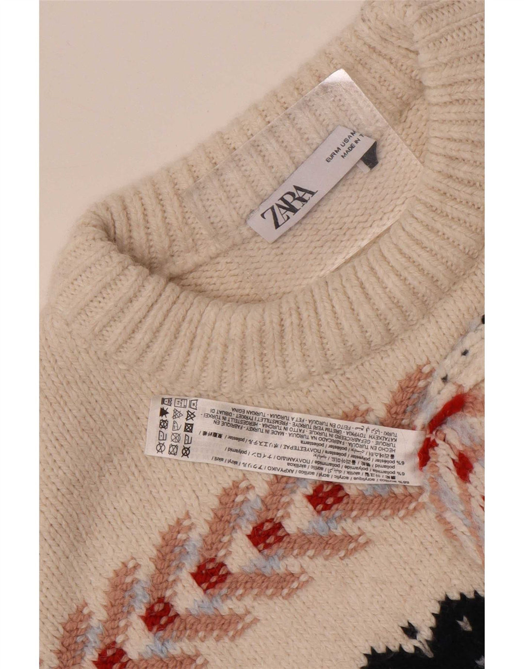 Zara Mens Crew Neck Jumper Sweater Medium Off White Fair Isle Acrylic