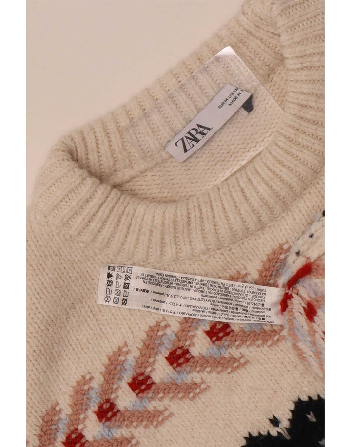 Zara Mens Crew Neck Jumper Sweater Medium Off White Fair Isle Acrylic