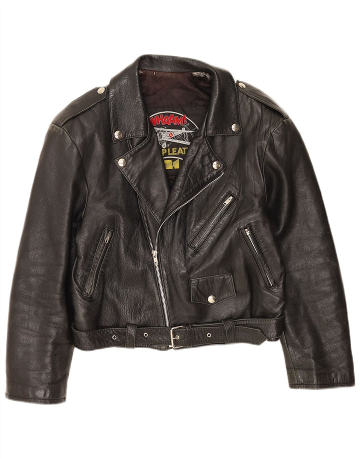 Vintage Womens Crop Leather Biker Jacket IT 46 Large Black Leather