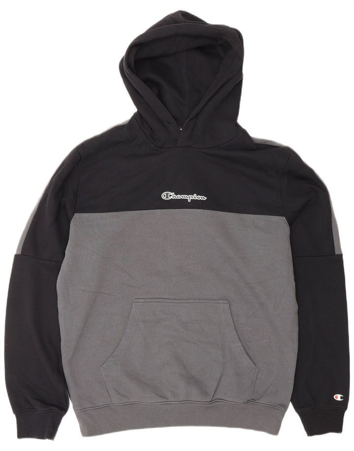 CHAMPION Mens Hoodie Jumper Large Grey Colourblock Cotton