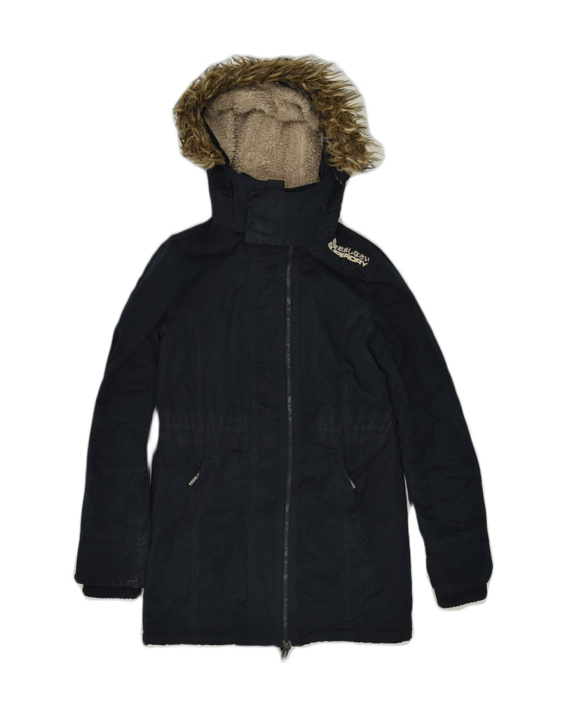 SUPERDRY Womens Hooded Parka Jacket UK 6 XS Navy Blue Cotton | Vintage Superdry | Thrift | Second-Hand Superdry | Used Clothing | Messina Hembry 