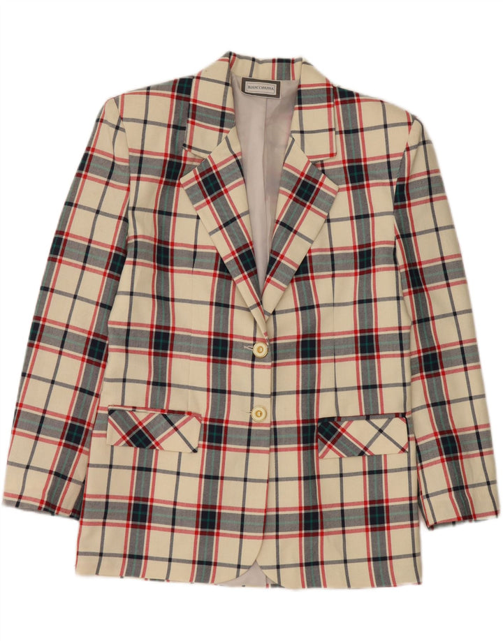 VINTAGE Womens 2 Button Blazer Jacket UK 12 Medium Off White Check