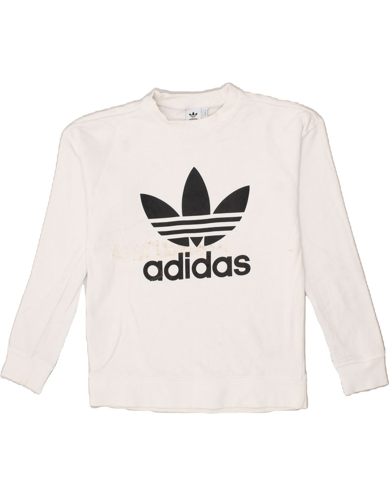 ADIDAS Womens Oversized Graphic Sweatshirt Jumper UK 6 XS White Cotton | Vintage Adidas | Thrift | Second-Hand Adidas | Used Clothing | Messina Hembry 